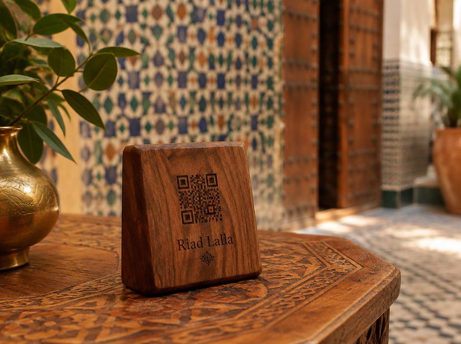 Supports en bois gravé laser — support QR code pour hôtel et riad