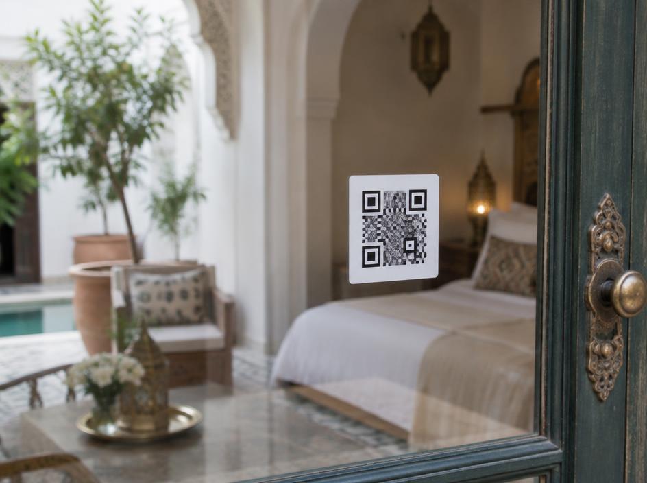 Stickers QR vinyle renforcé — support QR code pour hôtel et riad